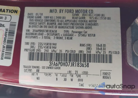 2018 Ford Fusion Se из США, поврежденный, VIN 3FA6P0HD7JR183658